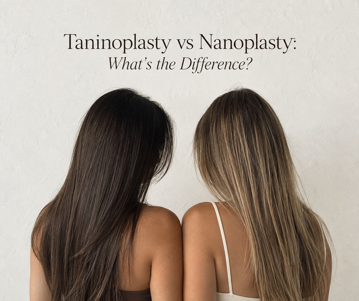 Taninoplasty vs Nanoplasty comparison showing smooth, straight and frizz-free hair after professional hair smoothing treatments