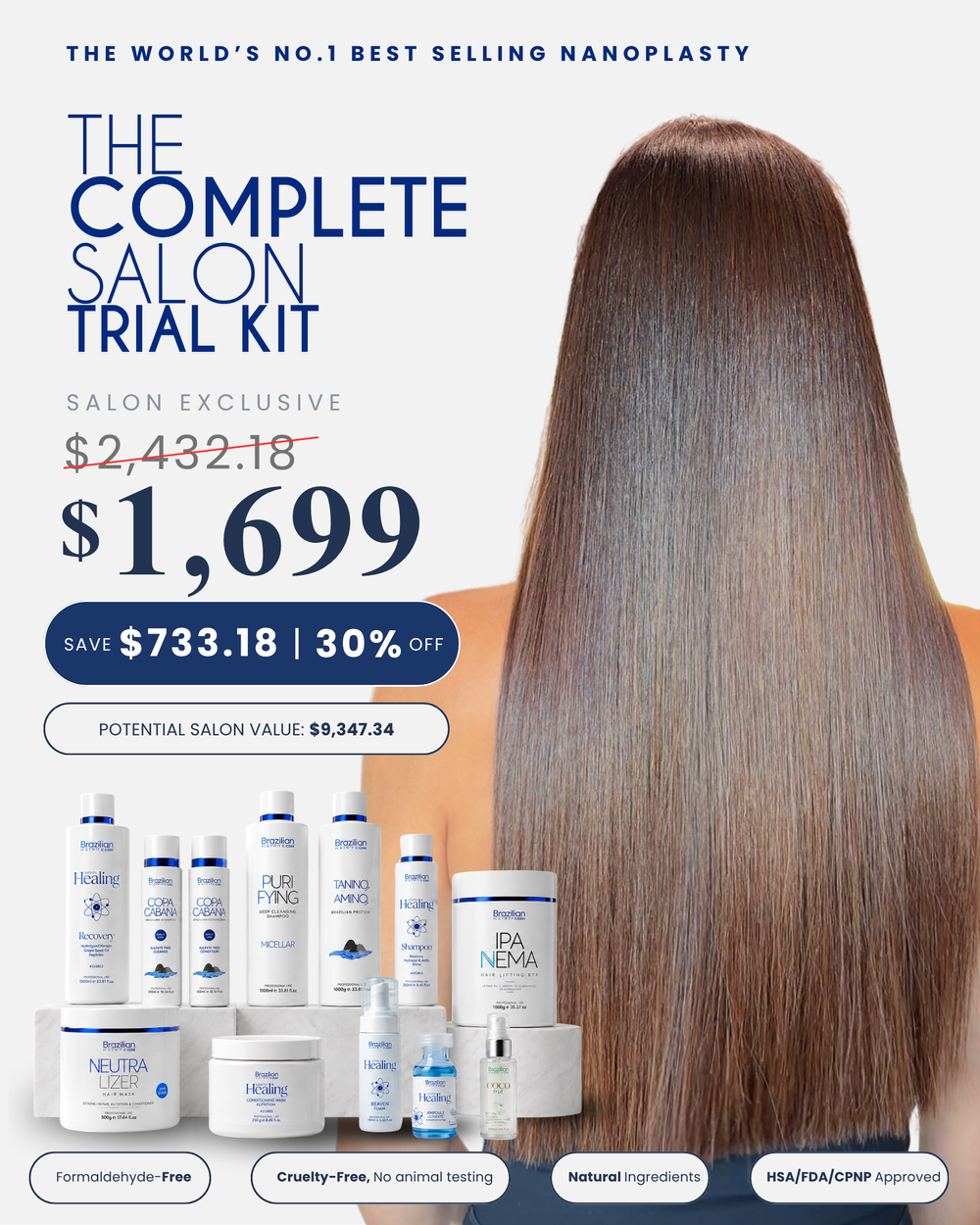 Brazilian Hairtech Complete Salon Kit professional products including Taninoplasty, Hair Botox, Ultimate Healing and salon haircare