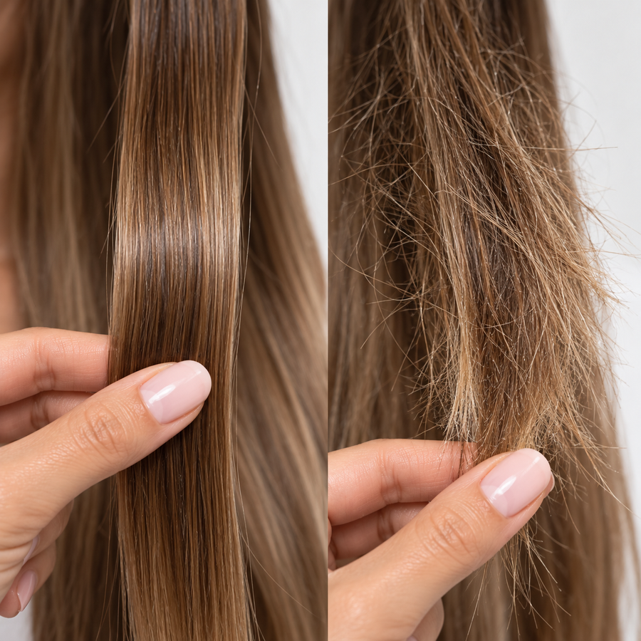 Hair damage assessment comparing healthy smooth hair with dry damaged hair – Brazilian Hairtech Australia