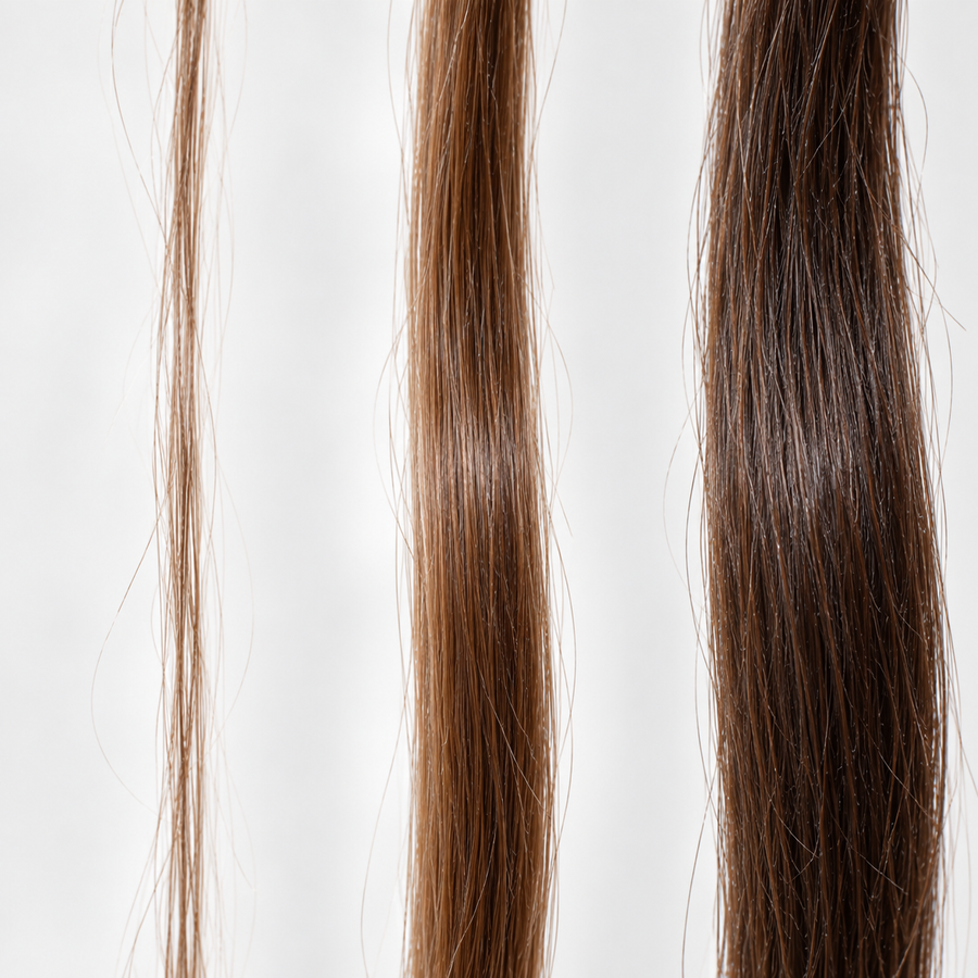 Hair fibre thickness assessment comparing fine, medium and thick hair strands – Brazilian Hairtech Australia