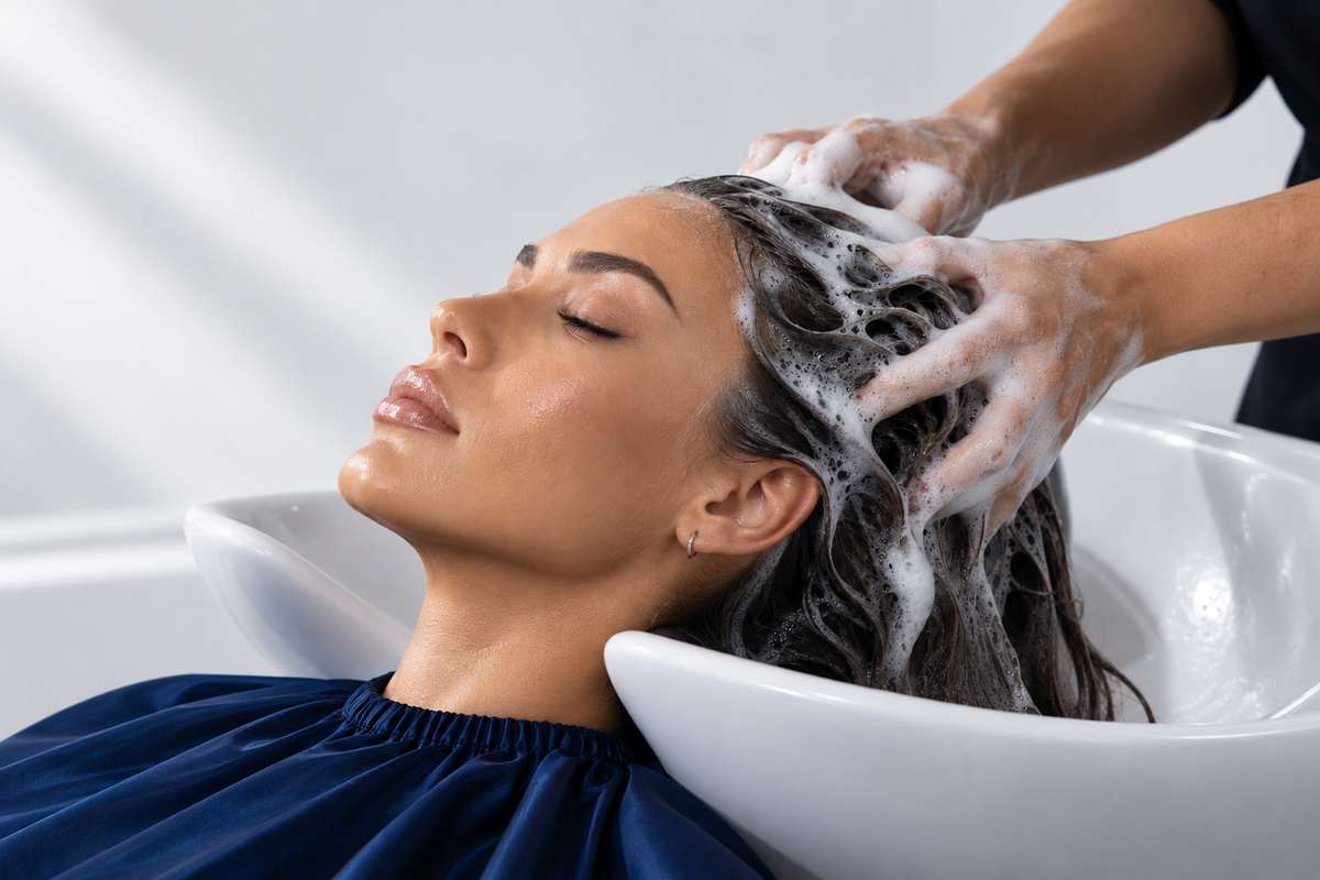 Professional hair cleansing and preparation step before a Brazilian Hairtech salon treatment