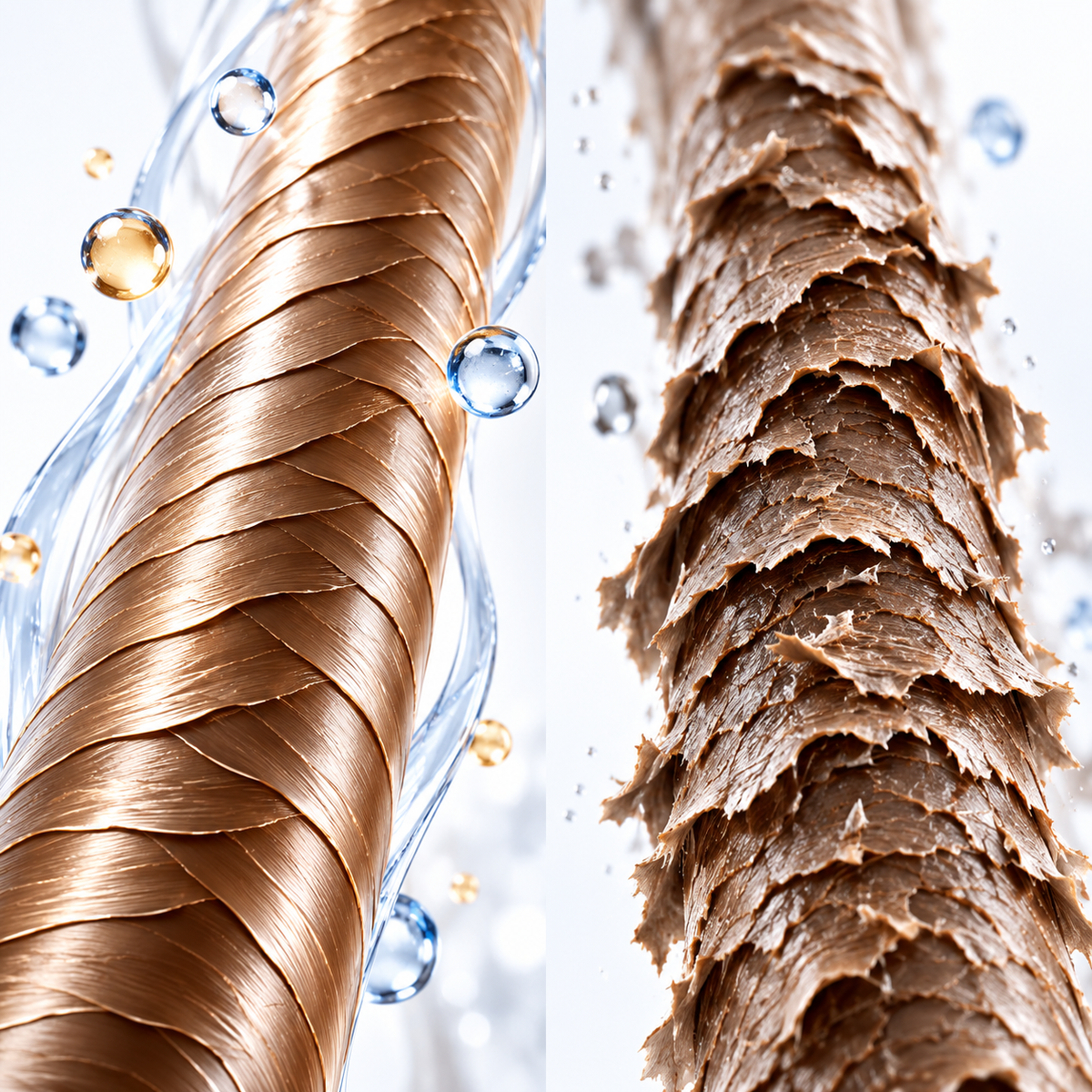 Healthy vs damaged hair fibre showing smooth and lifted cuticles – Brazilian Hairtech Australia