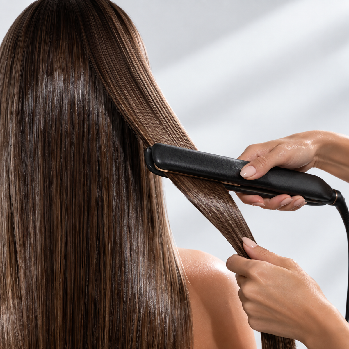 Professional heat activation with a flat iron during a Brazilian Hairtech smoothing treatment