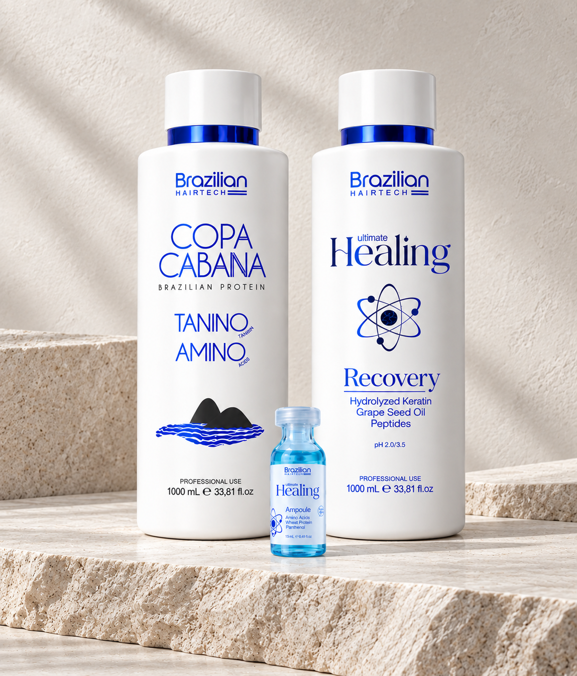 Brazilian Hairtech professional treatments featuring Copacabana Tanino Amino, Ultimate Healing Recovery and Healing Ampoule for salon hair repair and smoothing.