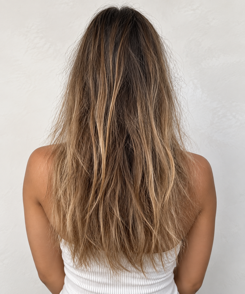 Before Brazilian Hairtech Ultimate Healing treatment showing dry, damaged hair prior to professional hair repair and hydration treatment.