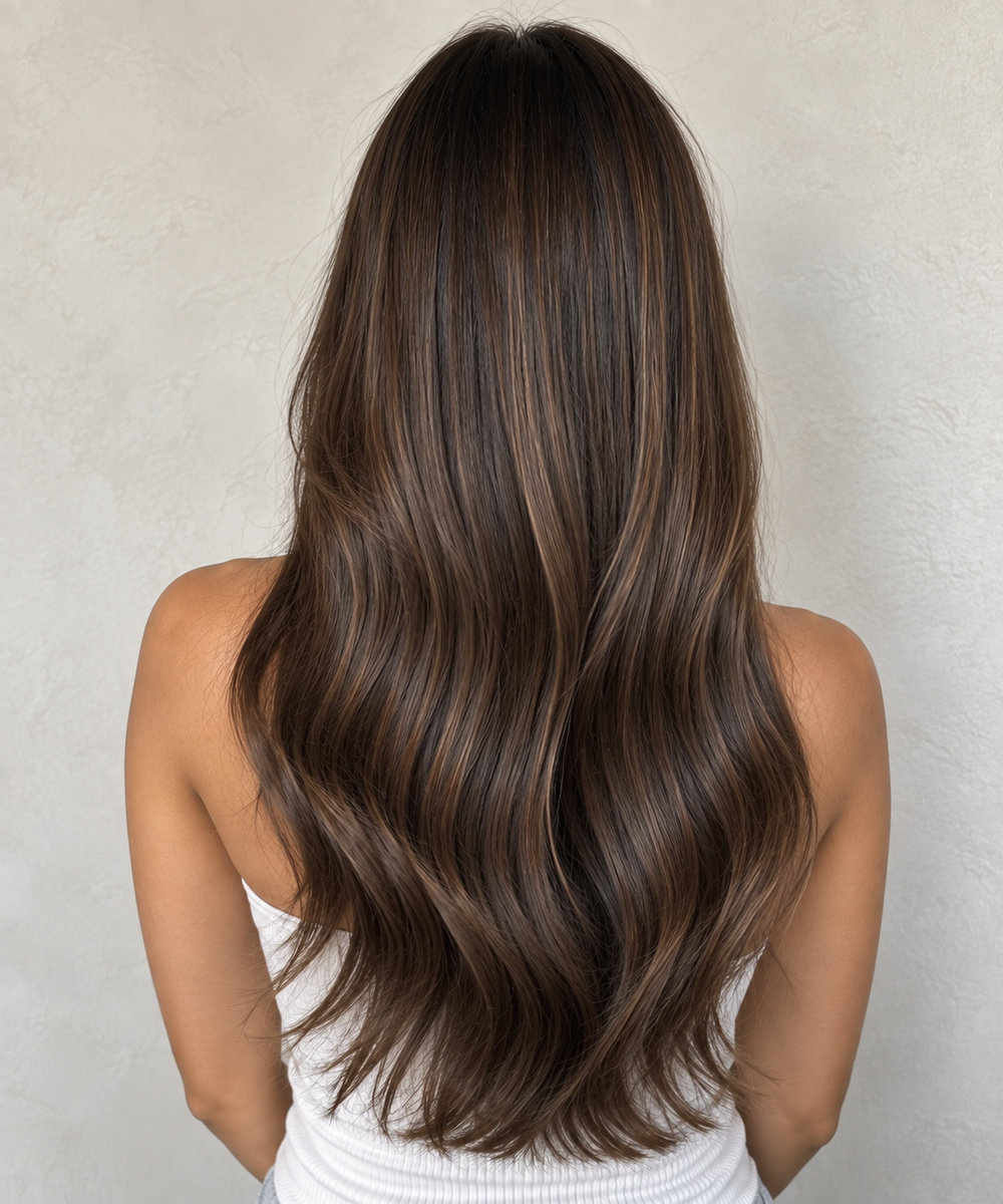 Brunette hair after Brazilian Hairtech Ultimate Healing treatment, showing smooth, glossy, hydrated hair with enhanced shine and softness.