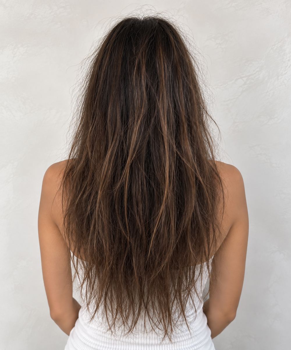Brunette hair before Brazilian Hairtech Ultimate Healing treatment, showing dry, frizzy and visibly damaged hair before professional hair repair treatment.